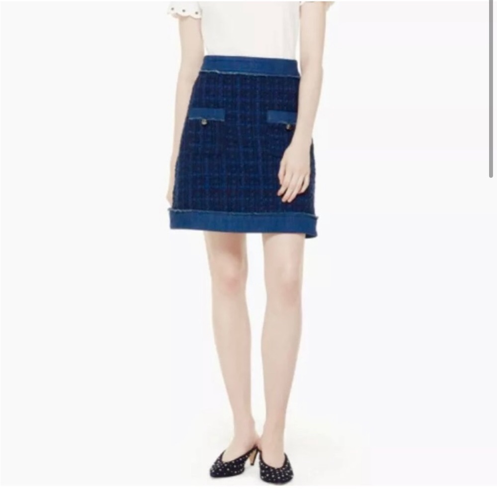 Kate Spade New York Denim Trim Tweed Skirt Patch Pocket Short Raw Edge Lux Med 8